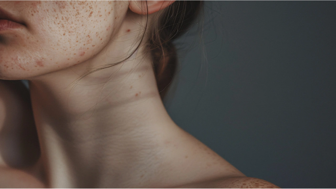 Women having acne and stretch marks on neck and face